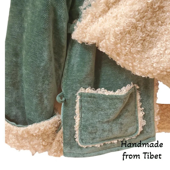 Handmade Tibetan | Children's Coat with Angora Lining | Green | sz 6 to 7 - Picture 4 of 8